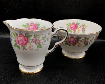 Royal Stafford Bone China Cream & Sugar Set, "Rochester" Pattern, Chinoiserie Floral Design, c.  1940's - 1950's