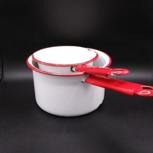Set of Two Vintage White and Red Enamel Ware Saucer Pans, Vintage Camping Pots/Pans, Perfect Planters and Decor, c. 1940&#39;s - 1950&#39;s