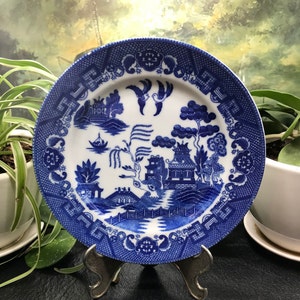 Vintage Blue Willow Transferware Plate Y.S. Japan, Bright Blue and White Willow Ware Chinoiserie 9" Plate, c.  1940's-1950's