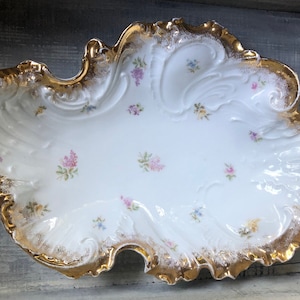 Antique Carl Tielsch Porcelain Centerpiece Bowl: Gilded Floral Serving Dish