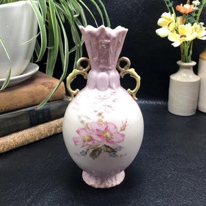 Antique Art Nouveau Floral Vase: Pink Porcelain, Hand-Painted, Austrian c.1882-1920