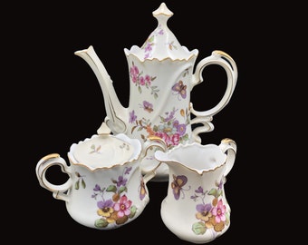 Spring Flowers and Butterflies, Lefton "Spring Bouquet" Vintage Tea/Coffee Pot, Creamer and Lidded Sugar Bowl, c. 1940's - 1950's