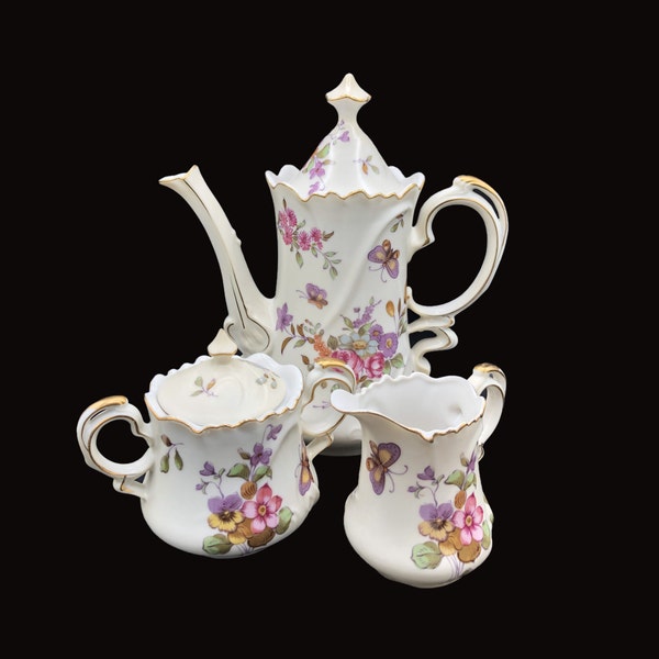 Spring Flowers and Butterflies, Lefton "Spring Bouquet" Vintage Tea/Coffee Pot, Creamer and Lidded Sugar Bowl, c. 1940's - 1950's