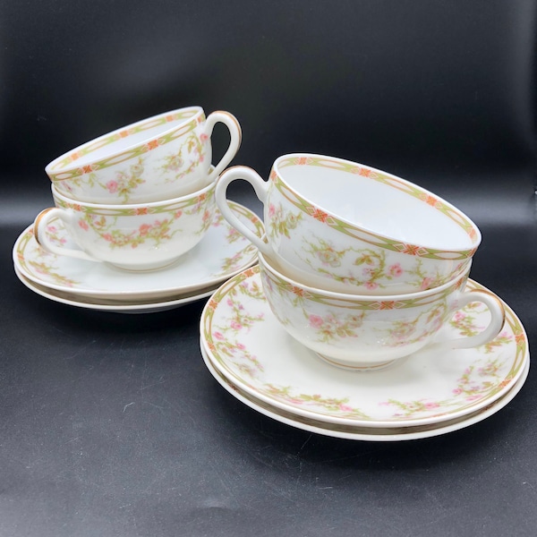 Theodore Haviland Limoges White, Salmon/Orange and Green Banded with Sprays of Flowers Teacups and Saucers, c. 1900 -1910