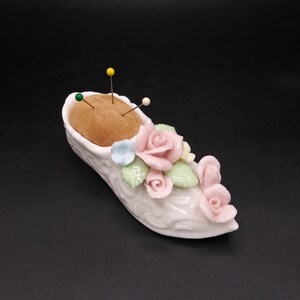 Vintage Shoe Pin-Cushion with Porcelain Flowers and Embossed Detailing, c. 1950's-1970's