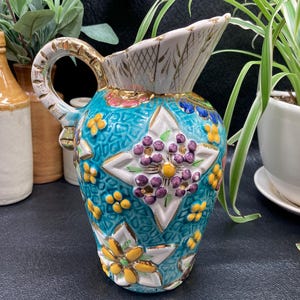 Vintage Belgium Majolica Pitcher: Hand-Painted Floral Decor, c. 1940s