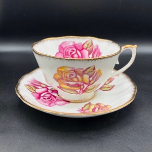 Roslyn Bone China Tea Cup and Saucer: Vintage Pink & Yellow Roses