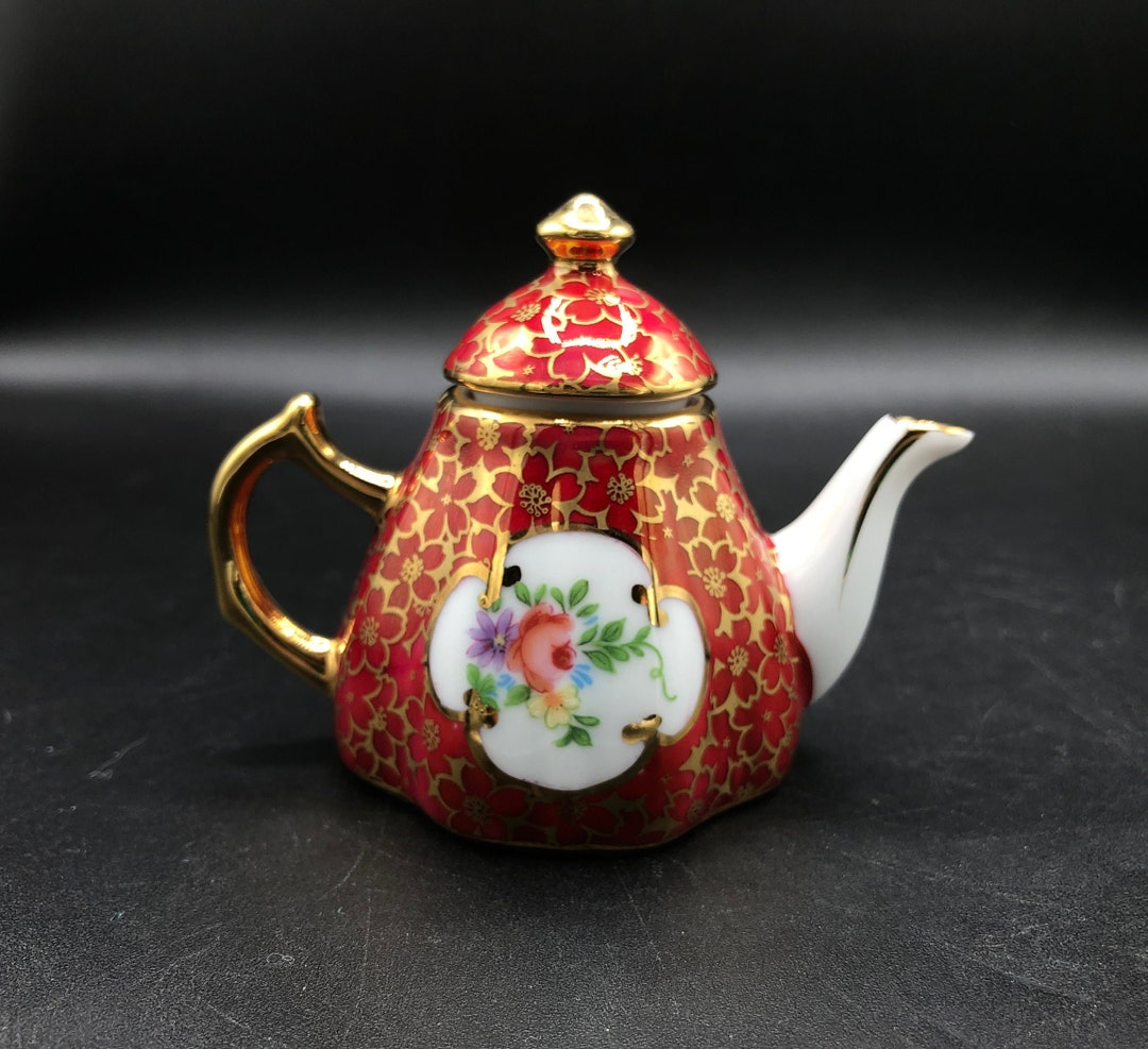 Miniature Porcelain Teapot Red Flowers With Gold Background Etsy