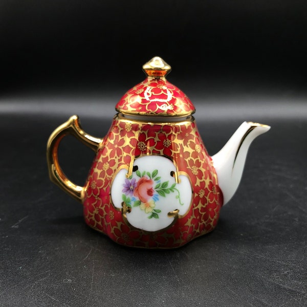 Miniature Porcelain Teapot, Red Flowers with Gold Background, Mixed Posies Decoration, By D.N & E.I, c. 1980's