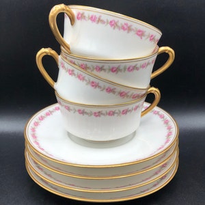 Rare Vintage/Antique Haviland Limoges Demitasse Teacups and Saucers, Pink Rose Band, Gold Trim, c. early 1900&#39;s