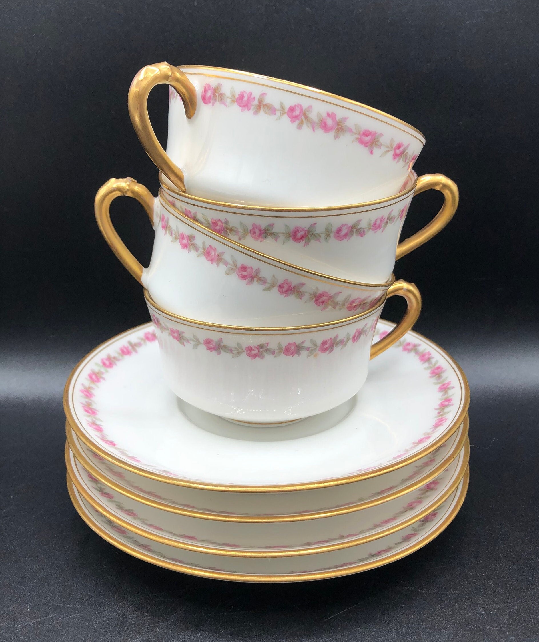 フランス製　Limoges Haviland リム付きディープディッシュ Vintage Haviland Limoges Demitasse Set: Pink Rose, Gold Trim, C