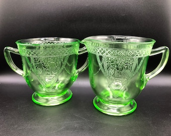 Beautiful Federal Glass,  Original 1930's Georgian Lovebirds Green Depression Glass Cream and Sugar Set, c. 1931 - 1936