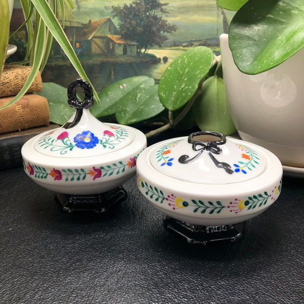 M Z Altrohlau, Austria - Hand Painted Flolk Art Floral Vintage Porcelain Vanity Set, Hair Receiver and Powder Jar, c. 1930's - 1940's