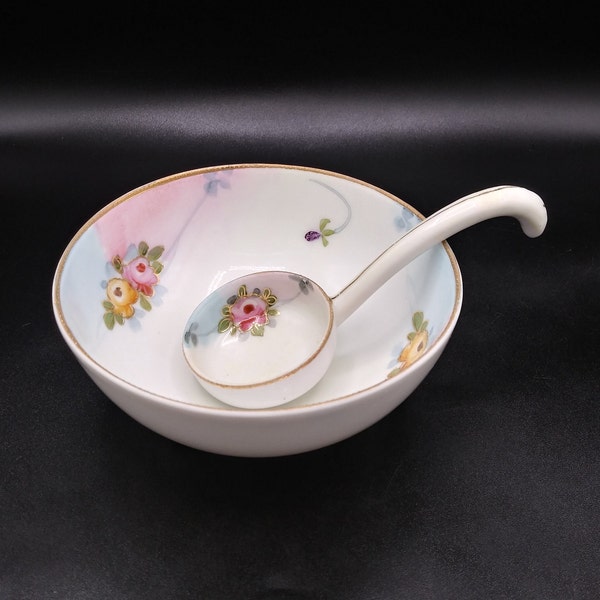 Small Vintage Nippon Hand Painted Bowl and Small Scoop Spoon, c. early 1900's