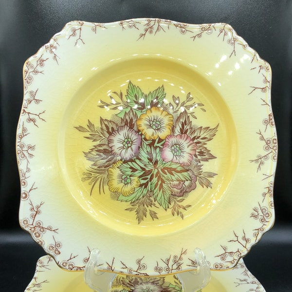 Royal Winton Grimwades, Yellow Background, Brown Floral Trim and Beautiful Pastel Center Floral Square Plate, c. 1930's