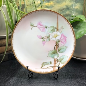 May include: A white porcelain plate with a gold rim features a delicate floral design of pink and white flowers with green leaves. The plate is on a black stand.