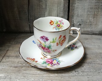 Roslyn Fine English Bone China, "Minuet" Floral Demitasse Teacup and Saucer Set, c. 1940's