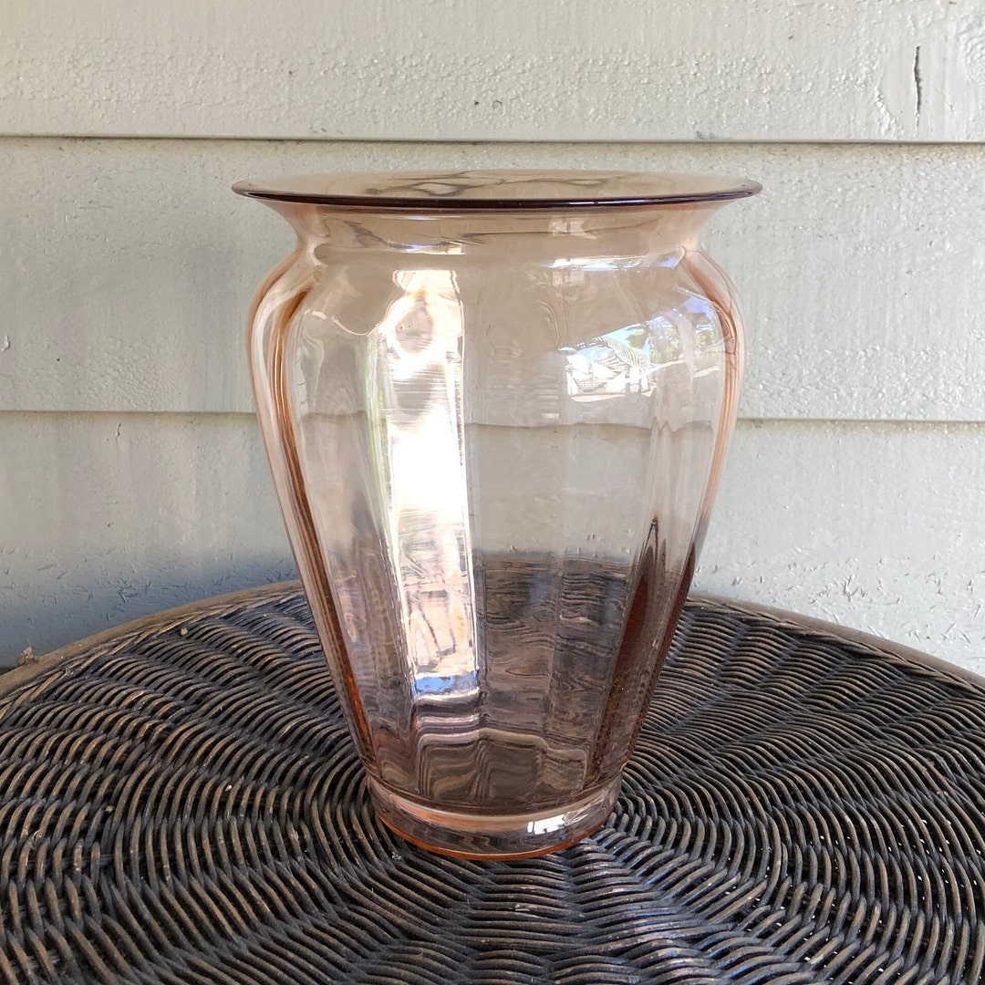 Large Pink Depression Glass Vase, Paneled Sides, Smooth Glass With a
