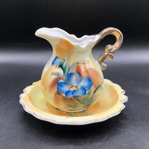 Tiny Pitcher and Bowl Set.  Artmark Japan Hand Painted Blue and Gold Floral, c. 1950 - 1955