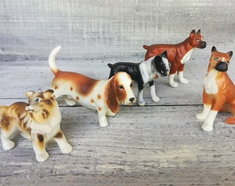 Vintage Bone China Miniature Dogs, Basset Hound, Boxers, Sheltie, Boston Terrier, Vintage Miniatures,-Sold Separately