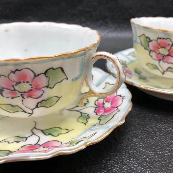 Sold Separately, Heirloom Vintage NIPPON Unique Floral Teacups and Saucers, Eggshell Porcelain China, c. Early 1900's