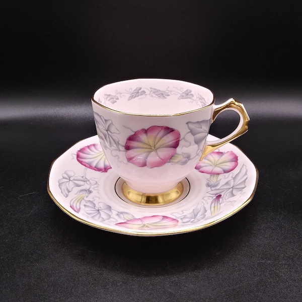 Vintage Tuscan English Bone China Teacup and Saucer with Pink and Gray Morning Glory Vines on a Soft Pink Background, c. 1950's - 1960's