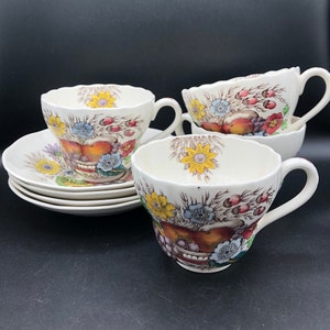 Spode China England "Reynolds" Pattern Vintage Large Coffee Cup/Teacup and Saucer, Fruit and Flowers, c. 1954 - 1964