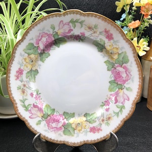 Vintage L Bernardaud Limoges Plate: Pink & Yellow Floral, Gilded Edge