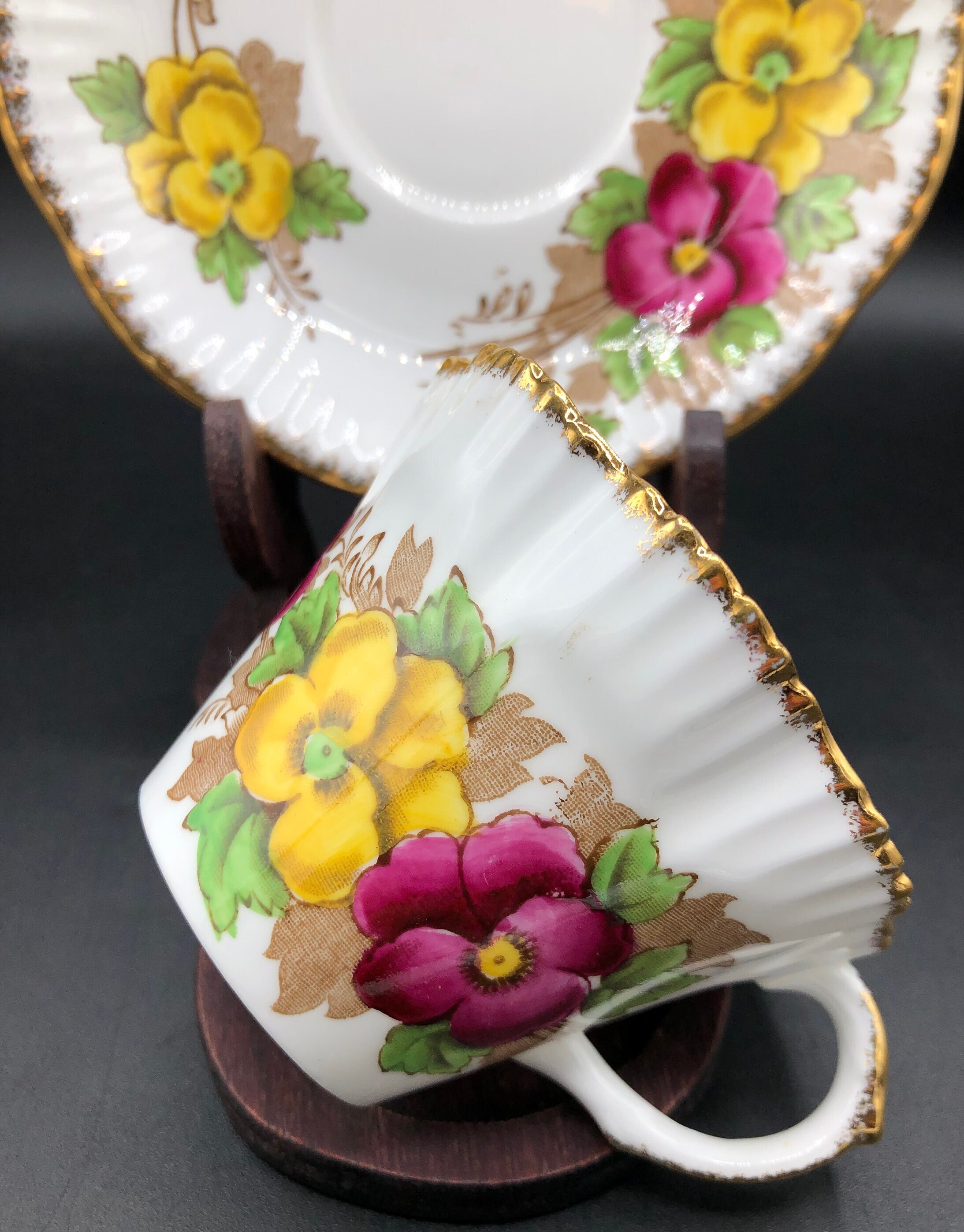 Vintage Salisbury Pansy Teacup and Saucer: Hand-Painted Floral, Gold Trim, 1940s