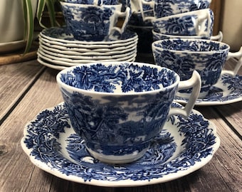 Vintage Blue Transferware Teacups and Saucers "British Scenery", Booths, England, Sold Separately