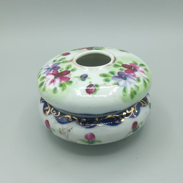 NIPPON Hand Painted Vanity Jar/Hair Receiver Floral and Cobalt with Gold Accents. c. early 1900's