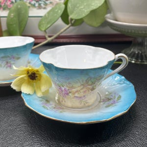 Victorian Teacup and Saucer Set: Floral Airbrushed Antique Tea for Two