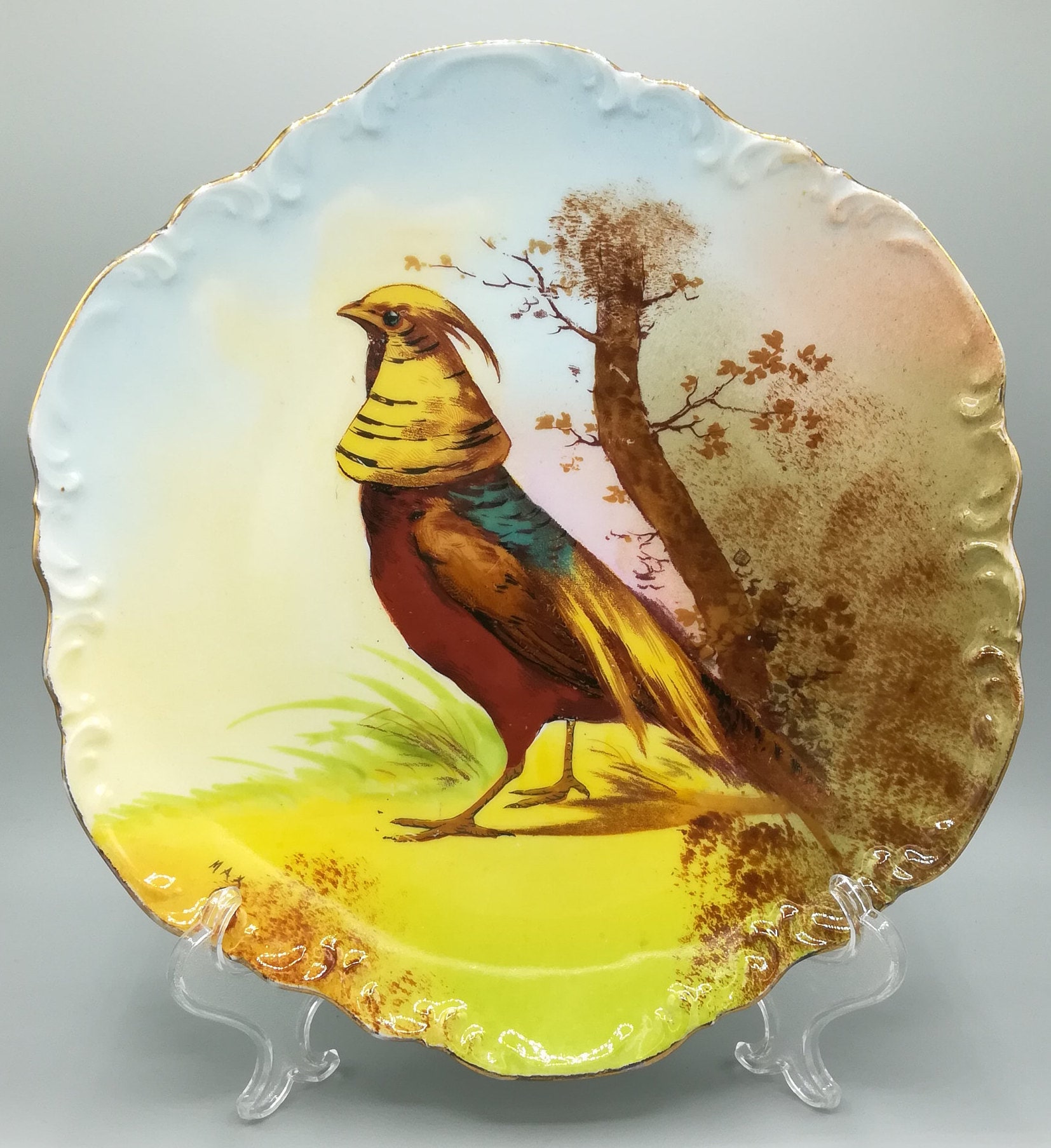 Coronet Limoges France, Hand Painted, Embossed Bird Plate, C. 1900