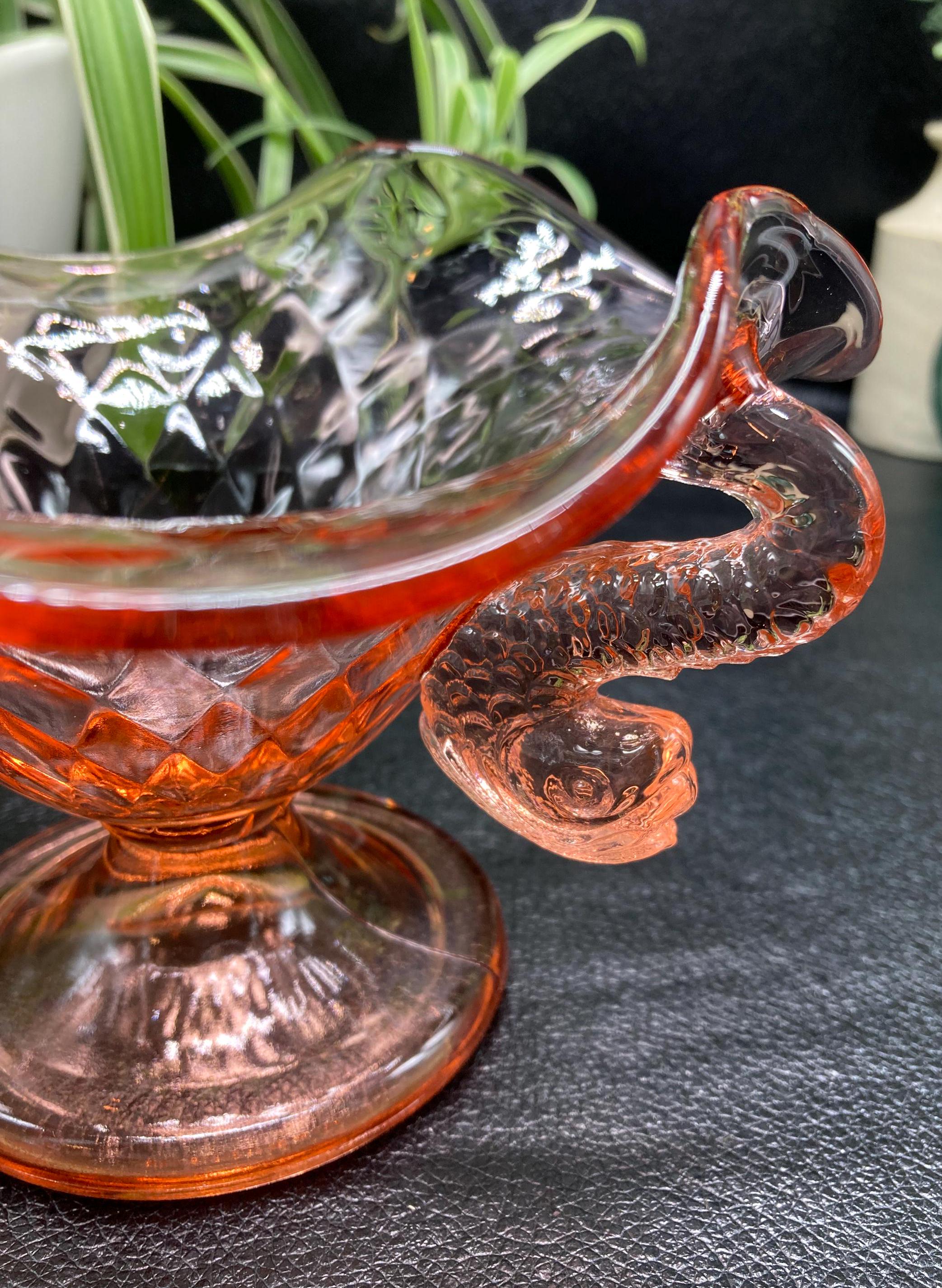 Vintage Fenton Dolphin Pink Koi Handles Pedestal Bowl