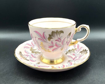 Vintage Tuscan Bone China Teacup and Saucer: Pink Freesia, Gold Trim