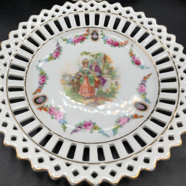 Four Vintage Courting Couple/Fragonard Plates with Reticulated Lattice Edges, Sold Separately, made in Germany, c. 1950's