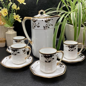 Antique NIPPON Noritake Espresso Set: Black & Gold Floral, c.1800s