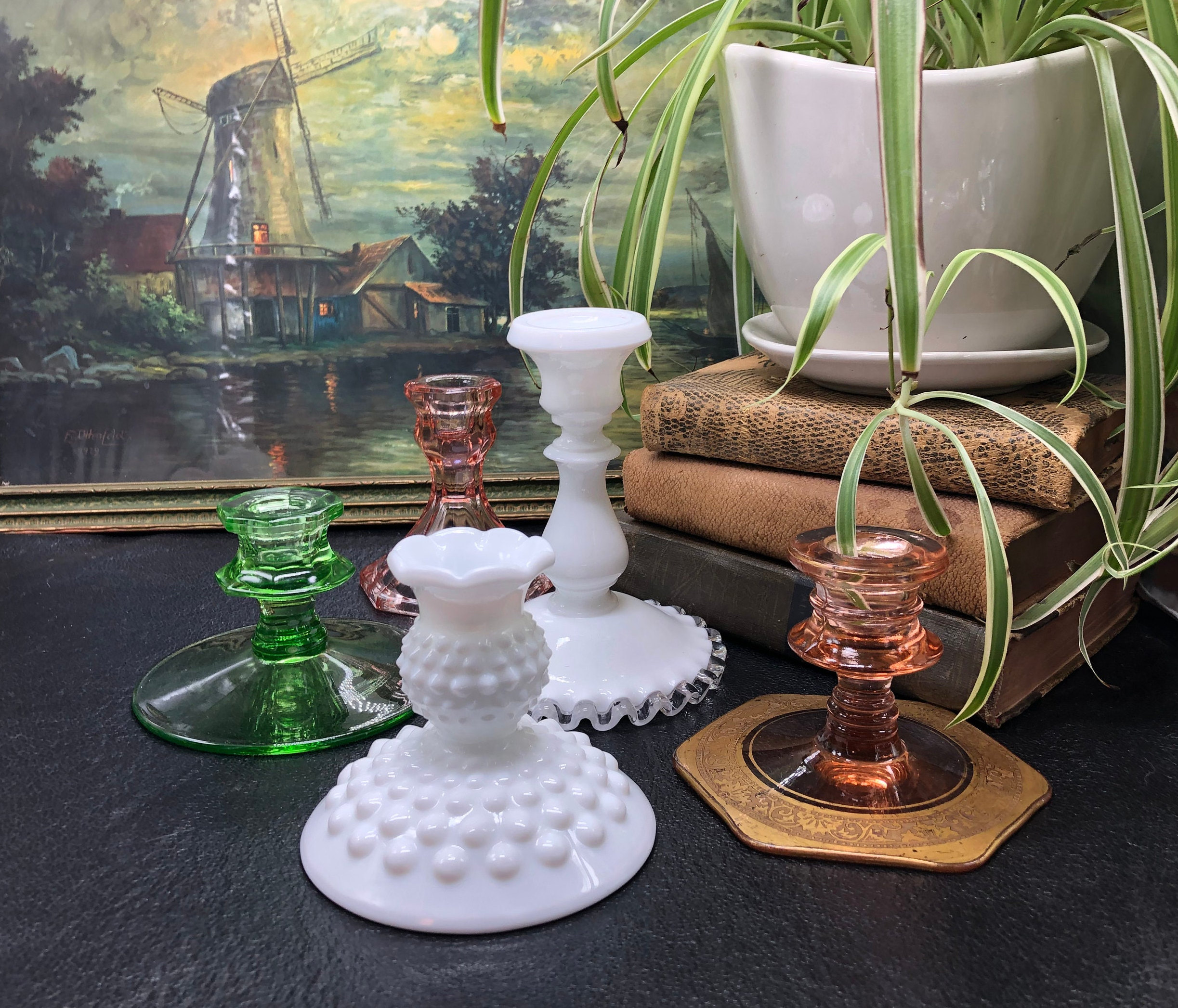 Mixed Vintage Glass Candlestick Holders, Fenton Milk Glass
