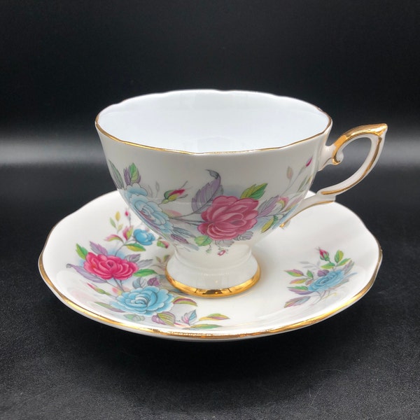 Royal Standard Fine Bone China; Corset Shaped; Robins Egg Blue and Pink Roses Vintage Tea Cup and Saucer, c. 1950's