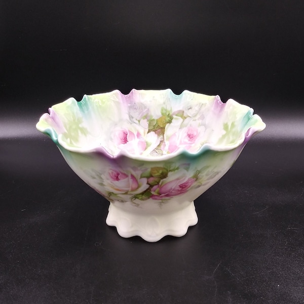 Vintage Ruffled Edge German Steinmann "Silesia" Beautiful Rose Patterned Porcelain Bowl, C. 1930's
