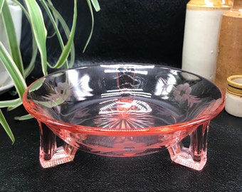 Beautiful Pink Vintage Footed Glass Bowl, Etched Flowers, Starburst, Pink Depression Glass, c. 1940's - 1950's