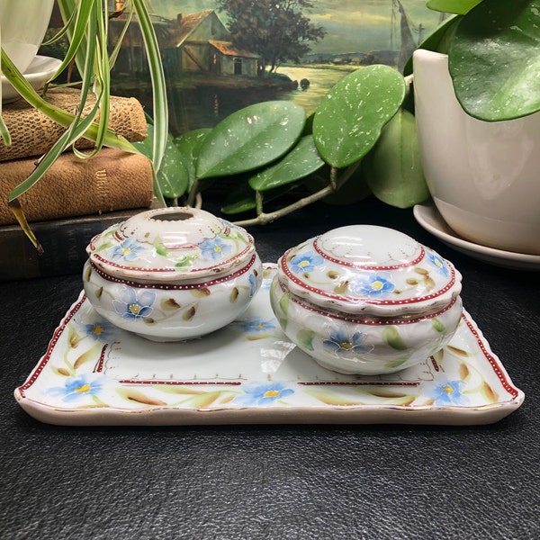 Vintage/Antique Hand Painted Blue Floral Vanity Set- Tray, Hair Receiver and Lidded Dish, Made in Japan, c. 1910-1920