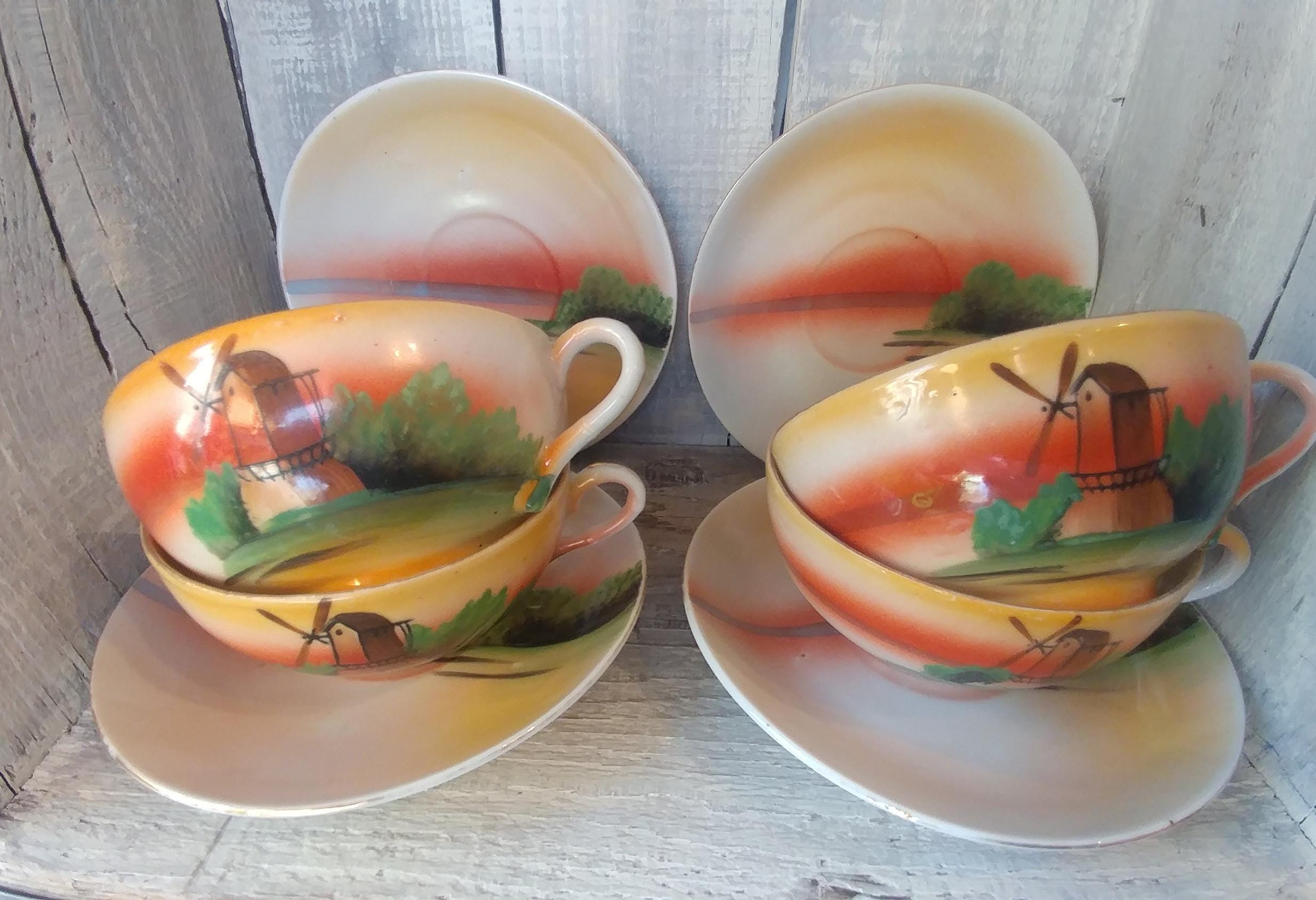 Vintage Chikaramachi China Tea Cup and Saucer Sets: Hand-painted