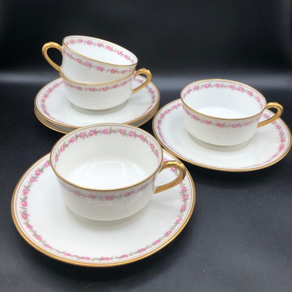 Vintage Haviland Limoges Demitasse Set: Pink Rose, Gold Trim, C