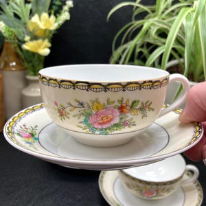 Vintage Noritake Tea Cups and Saucers Hand Painted Noritake Nippon, N-3715, Floral Sprays,  Black & Yellow Edge, c. 1910's Set of Four