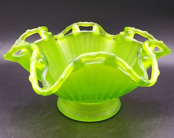 Westmoreland Green Mist Satin Glass Pedestal Bowl: Open Work Wave Edge, 1960s
