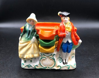 Vintage Ceramic Ashtray Set: Colonial Couple Figurine, Colorful Trays, 1940s Japan