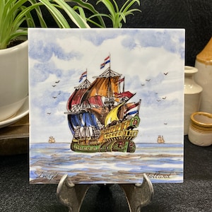 Vintage Delft Tile, Polychrome Sailing Ship Hand Painted Made in Holland, c. 1940&#39;s - 1960&#39;s