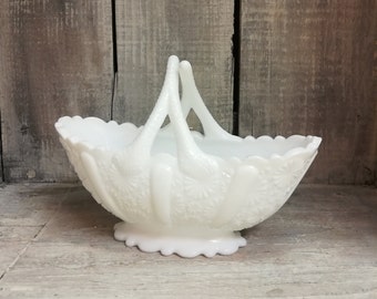 Vintage Fenton Milkglass Daisy and Button Pattern, Twig Handled Basket, c. 1970's