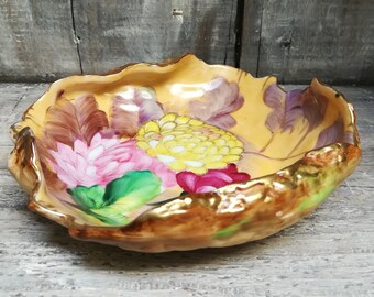 Hand Painted Dahlias, Chubu NIPPON China Gilded Free Form Edge- Vintage Porcelain Tray/Bowl, c. early 1900's
